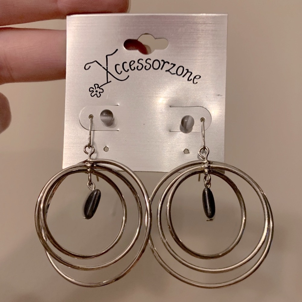Two-Pair Earring Set - 1 Studs, 1 Dangling Triple Hoops w/Accent Stone